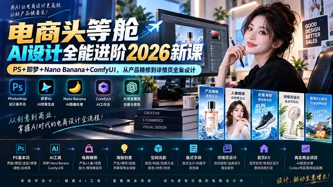 电商头等舱AI设计全能进阶2026新课：PS+即梦+Nano Banana+ComfyUI，从产品精修到详情页全案设计-百盟网