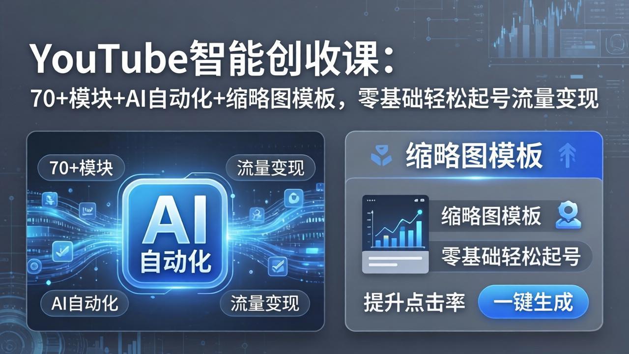 YouTube智能创收课：70+模块+AI自动化+缩略图模板，零基础轻松起号流量变现-百盟网