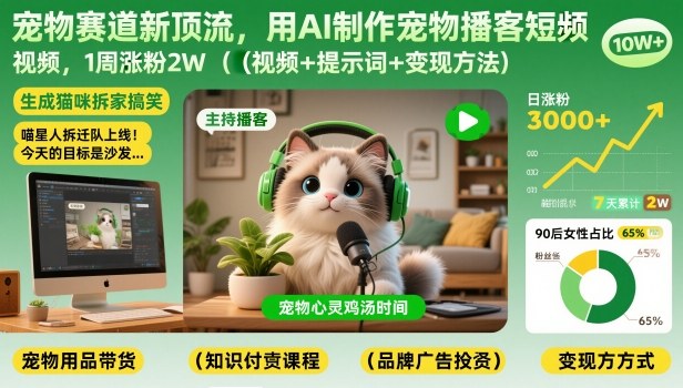 宠物赛道新顶流，用AI制作宠物播客短视频，1周涨粉2W(视频+提示词+变现方法)-百盟网