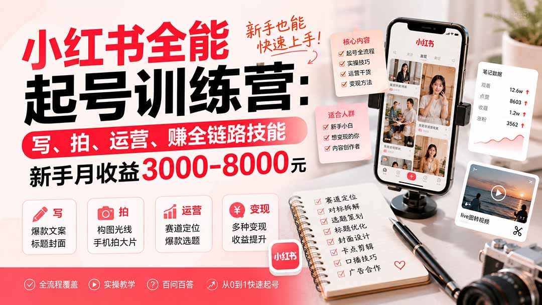 小红书全能起号训练营-更新：写、拍、运营、赚全链路技能，新手月收益3000-8000元-百盟网