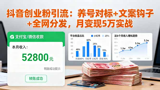 抖音创业粉引流：养号对标+文案钩子+全网分发，月变现5万实战-百盟网
