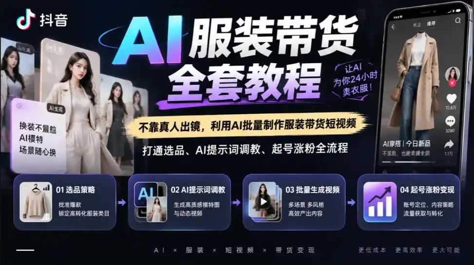 抖音AI服装带货全套教程，不靠真人出镜，利用AI批量制作服装带货短视频，打通选品、AI提示词调教、起号涨粉全流程-百盟网