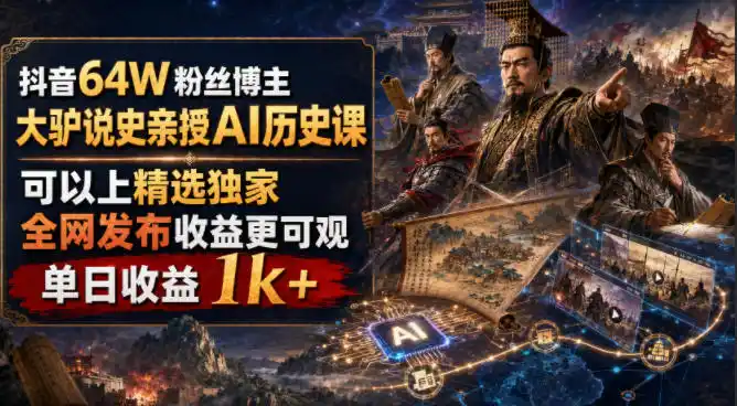 抖音64W粉丝博主大驴说史亲授AI历史课，可以上精选独家，全网发布收益更可观，单日收益1k+(更新)-百盟网