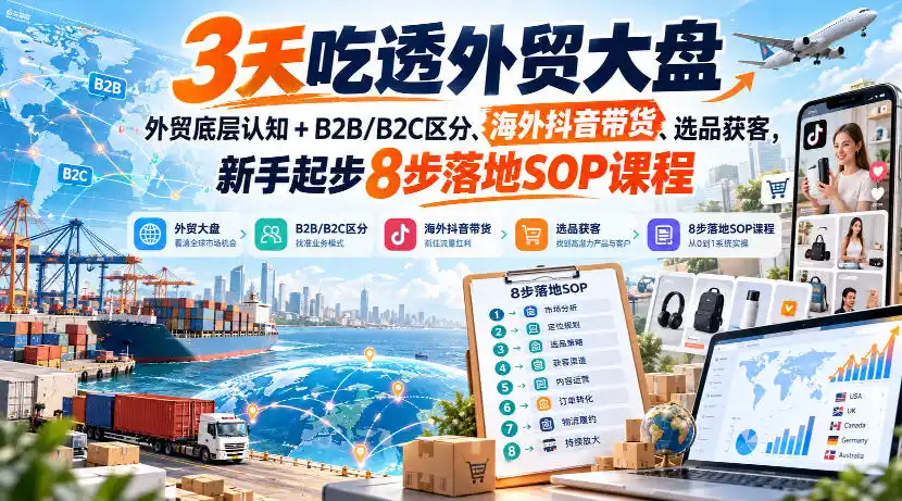 3天吃透外贸大盘，外贸底层认知+B2B/B2C区分、海外抖音带货、选品获客，新手起步8步落地SOP课程-百盟网