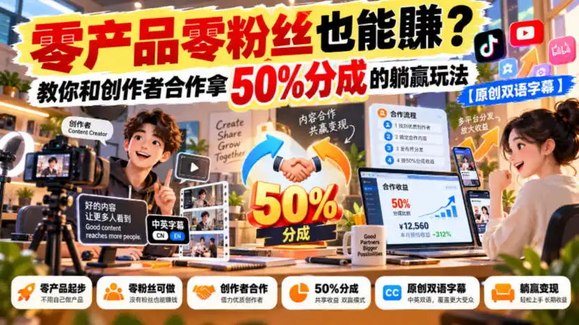 【无水印】零产品零粉丝也能賺？教你和创作者合作拿50%分成的躺赢玩法【原创双语字幕】-百盟网