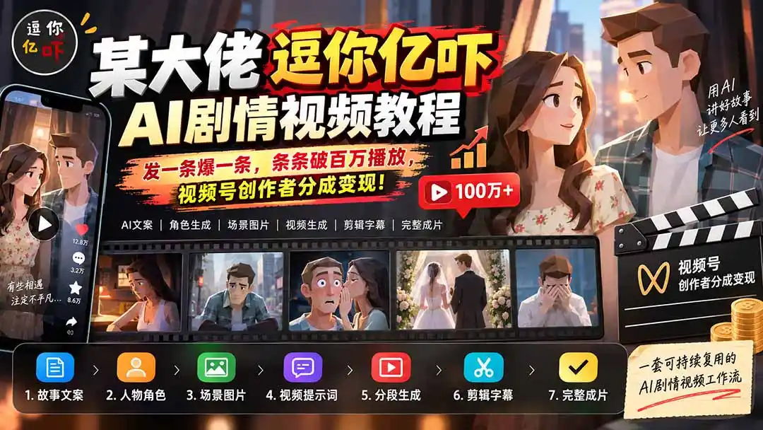 某大佬逗你亿吓AI低模剧情视频制作教程：发一条爆一条，条条破百万播放，利用视频号创作者分成变现!-百盟网