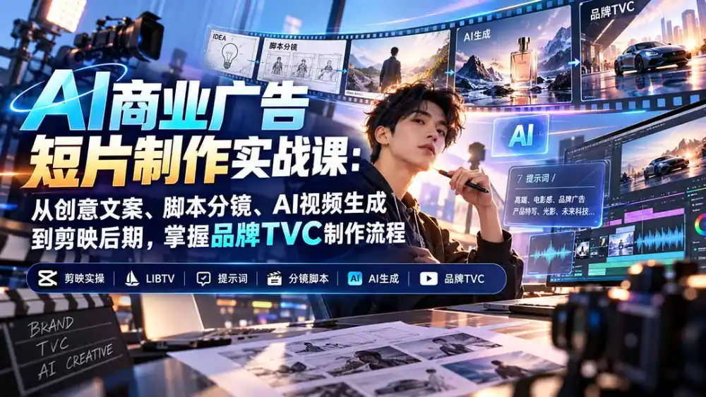 AI商业广告短片制作实战课：从创意文案、脚本分镜、AI视频生成到剪映后期，掌握品牌TVC制作流程