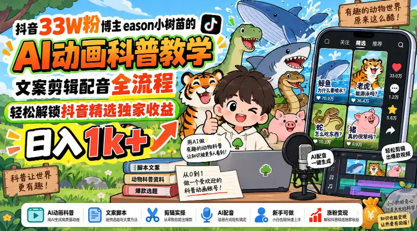 抖音33W粉博主eason小树苗的AI动画科普教学，文案剪辑配音全流程，轻松解锁抖音精选独家收益，日入1k+-百盟网
