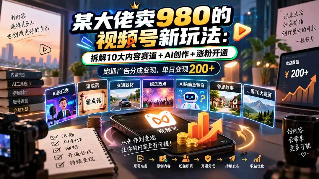 某大佬卖980的视频号新玩法：拆解10大内容赛道+AI创作+涨粉开通，跑通广告分成变现，单日变现200+-百盟网
