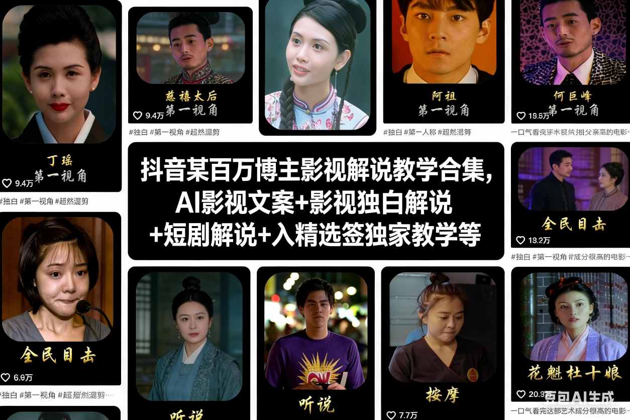 抖音某百万博主影视解说教学合集，AI影视文案+影视独白解说+短剧解说+入精选签独家教学等-百盟网