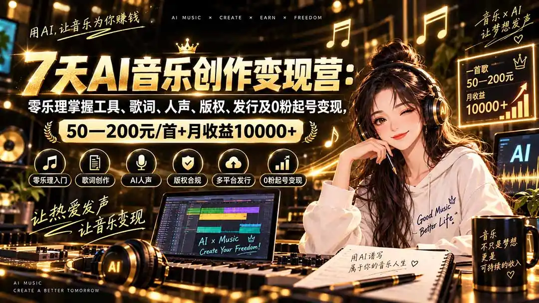 AI音乐创作变现营：零乐理掌握工具、歌词、人声、版权、发行及0粉起号变现，50—200元/首+月收益10000+-百盟网
