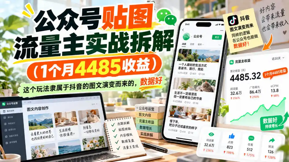 公众号贴图流量主实战拆解(1个月4485收益),这个玩法隶属于抖音的图文演变而来的,数据好-百盟网