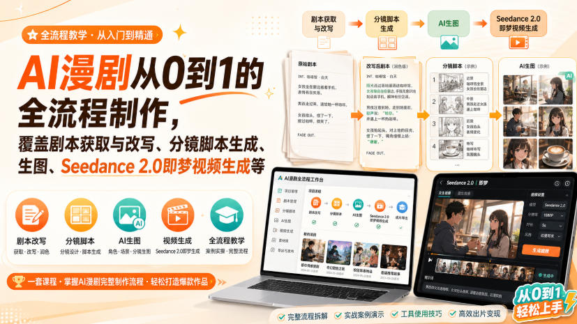 AI漫剧从0到1的全流程制作，覆盖剧本获取与改写、分镜脚本生成、角色场景生图与三视图、Seedance 2.0即梦视频生成(PDF版)-百盟网