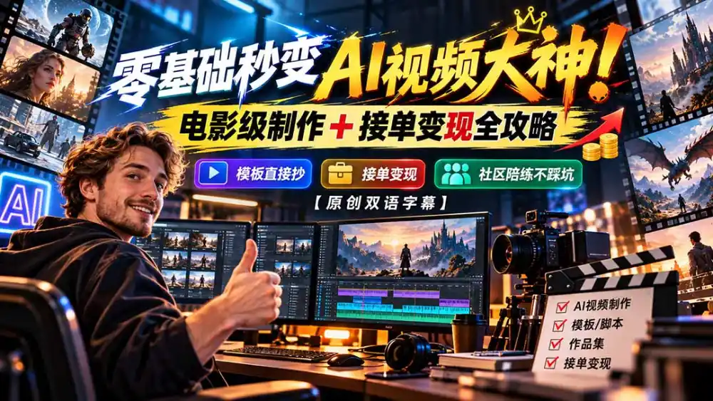 零基础秒变AI视频大神！电影级制作 + 接单变现全攻略，模板直接抄，社区陪练不踩坑【原创双语字幕】-百盟网