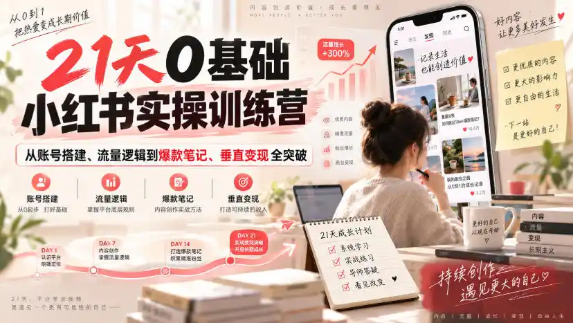 21天0基础小红书实操训练营｜从账号搭建、流量逻辑到爆款笔记、垂直变现全突破-百盟网
