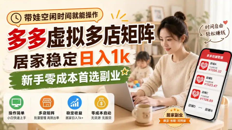 带娃空闲时间就能操作，多多虚拟多店矩阵，居家稳定日入1k，新手零成本首选副业-百盟网