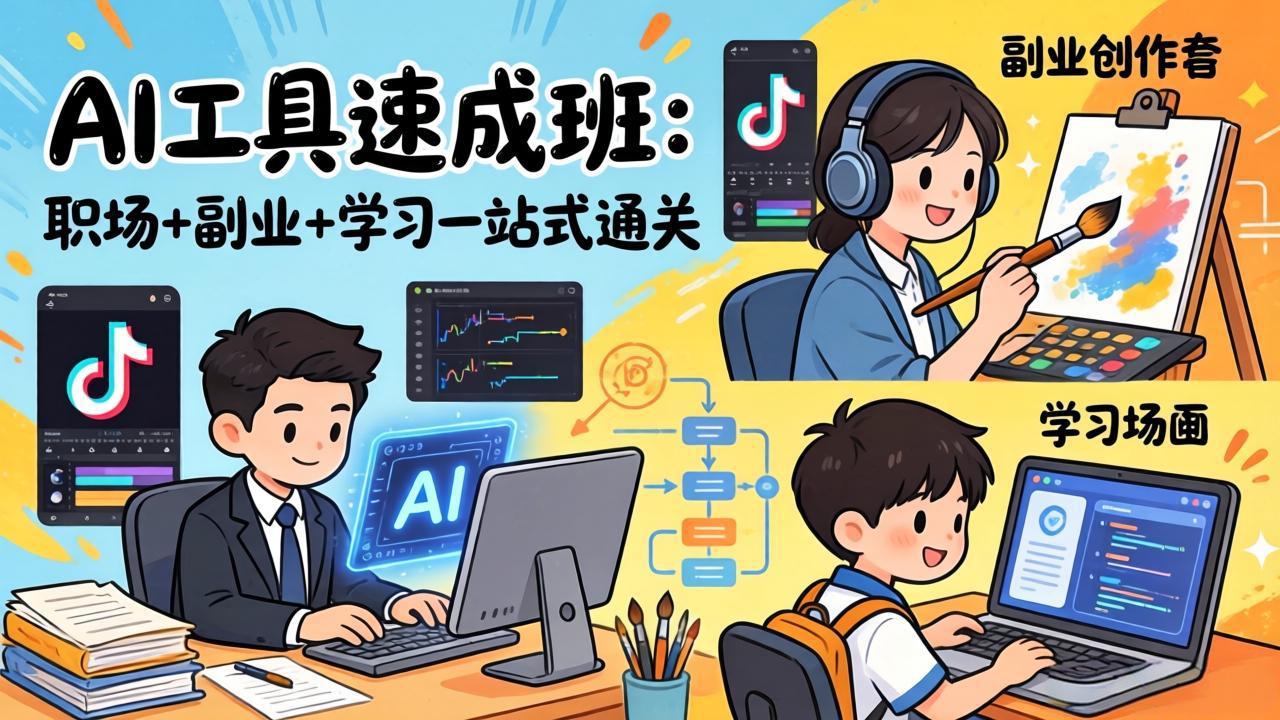 AI工具速成班：职场+副业+学习一站式通关，20+爆款类型+剪映技巧+抖音算法，0基础快速上手-百盟网