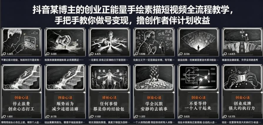抖音某博主的创业正能量手绘素描短视频全流程教学，手把手教你做号变现，撸创作者伙伴计划收益-百盟网