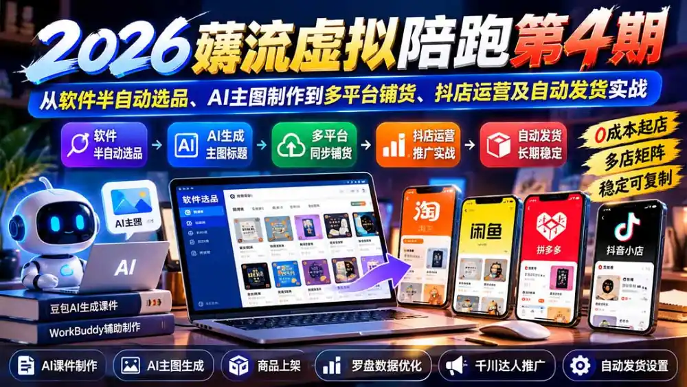 2026薅流虚拟陪跑第4期：从软件半自动选品、AI主图制作到多平台铺货、抖店运营及自动发货实战-百盟网