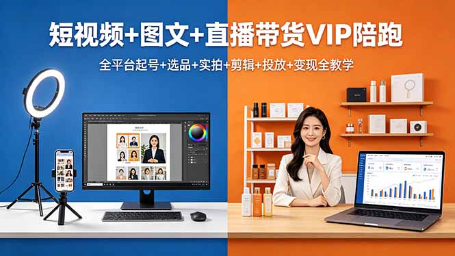 短视频+图文+直播带货VIP陪跑，全平台起号+选品+实拍+剪辑+投放+变现全教学-百盟网