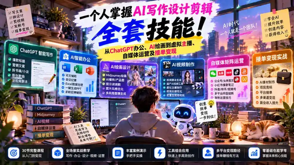一个人掌握AI写作设计剪辑全套技能：从ChatGPT办公、AI绘画到虚拟主播、自媒体运营及接单变现-百盟网