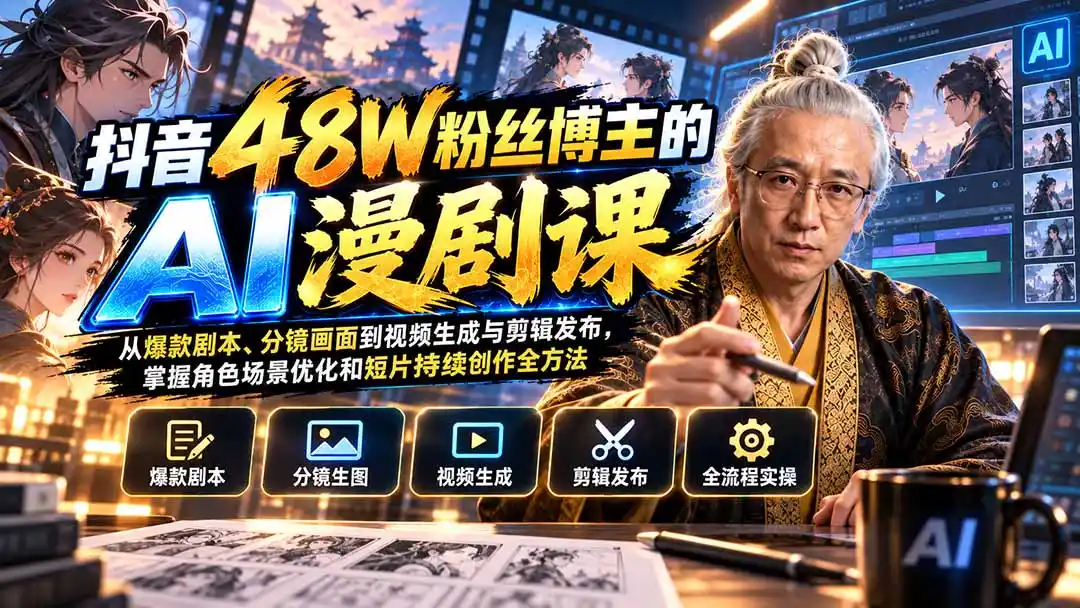 抖音48W粉丝博主的AI漫剧课：从爆款剧本、分镜画面到视频生成与剪辑发布，掌握角色场景优化和短片持续创作全方法-百盟网