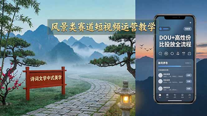 风景类赛道短视频运营教学：诗词文学中式美学，新号养号对标账号定位，DOU+高性价比投放全流程-百盟网