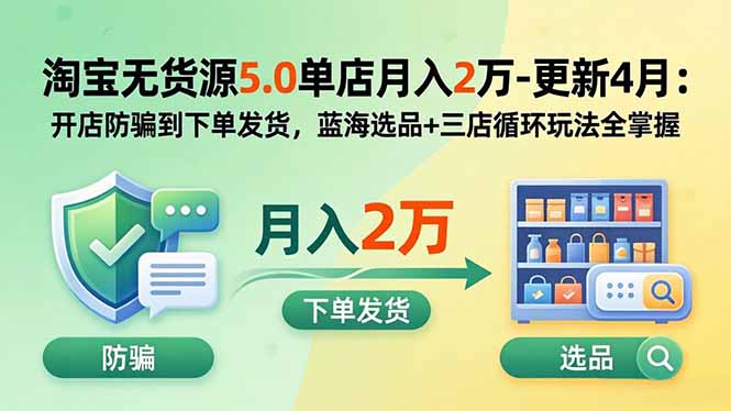 淘宝无货源5.0单店月入2万-更新5月：开店防骗到下单发货，蓝海选品+三店循环玩法全掌握-百盟网