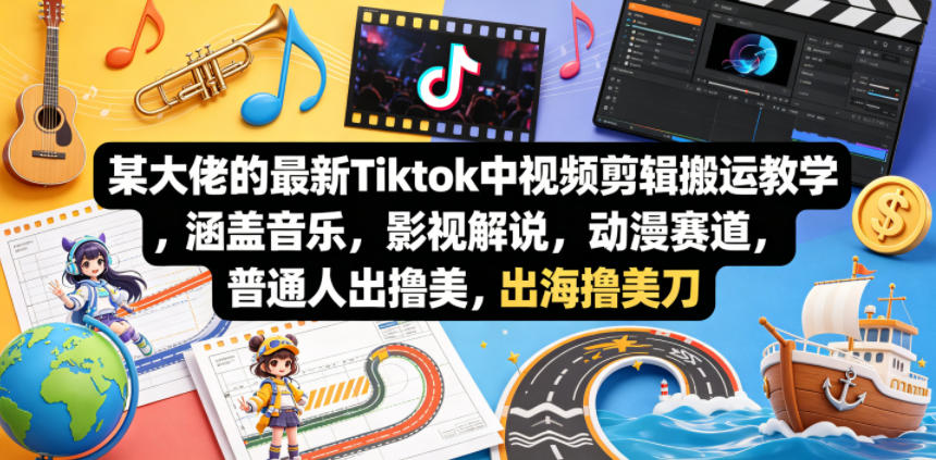 某大佬的最新Tiktok中视频剪辑搬运教学，涵盖音乐，影视解说，动漫赛道，普通人出海撸美刀-百盟网