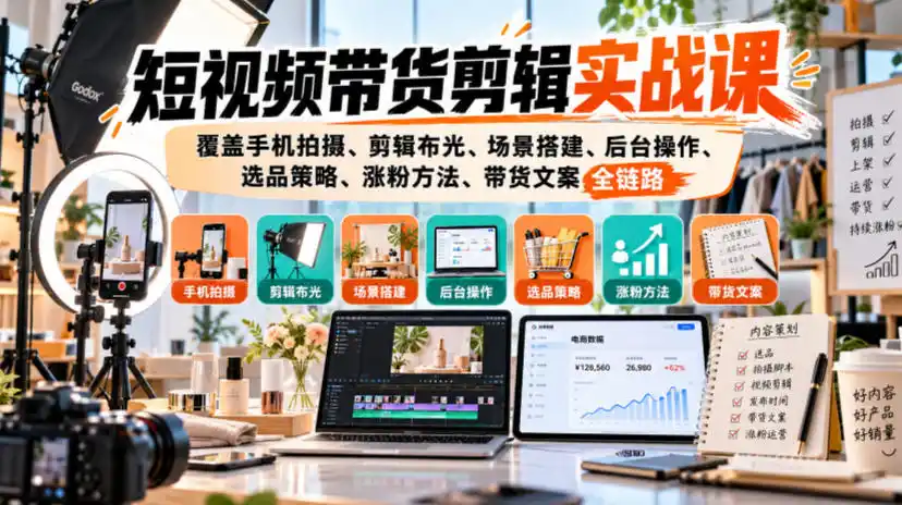 短视频带货剪辑实战课，覆盖手机拍摄、剪辑布光、场景搭建、后台操作、选品策略、涨粉方法、带货文案全链路-百盟网