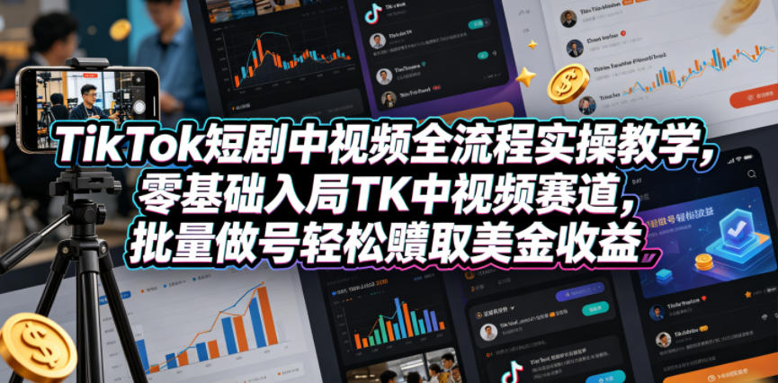 TikTok短剧中视频全流程实操教学，零基础入局TK中视频赛道，批量做号轻松賺取美金收益-百盟网