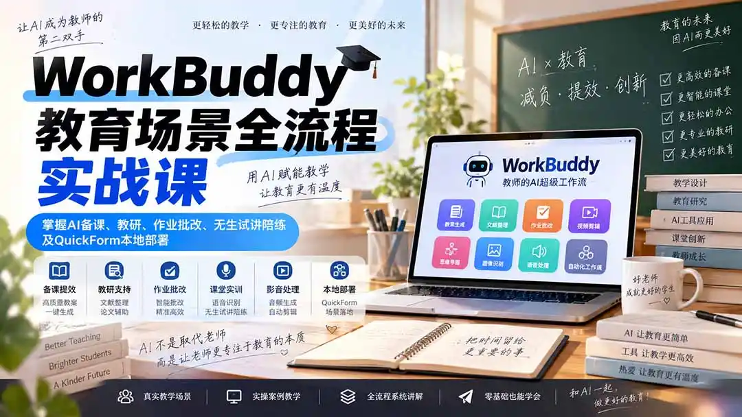 WorkBuddy教育场景全流程实战课:掌握AI备课、教研、作业批改、无生试讲陪练及QuickForm本地部署-百盟网