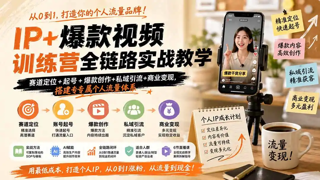 IP+爆款视频训练营全链路实战教学；赛道定位+起号+爆款创作+私域引流+商业变现，搭建专属个人流量体系-百盟网