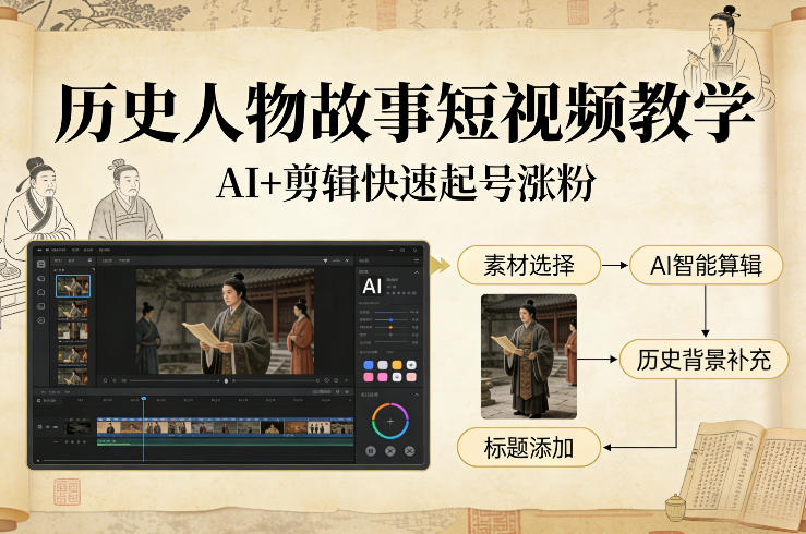 历史人物故事短视频教学,AI+剪辑制作历史人物题材短视频,快速起号涨粉-百盟网