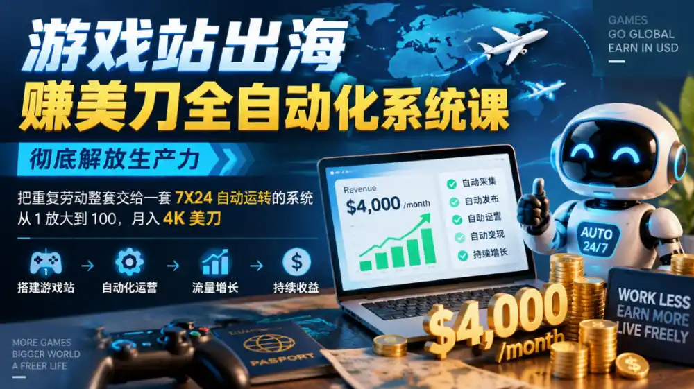游戏站出海賺美刀全自动化系统课，彻底解放生产力–把重复劳动整套交给一套7X24自动运转的系统，从1放大到100，月入4K美刀-百盟网