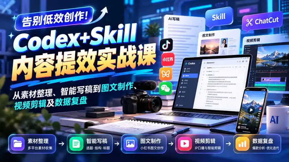 【无水印】告别低效创作！Codex+Skill内容提效实战课：从素材整理、智能写稿到图文制作、视频剪辑及数据复盘-百盟网