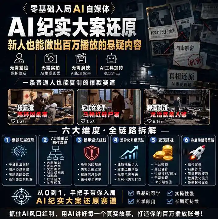抖音8W粉丝博主的AI纪实大案还原教学，新人也能做出百W播放的悬疑内容，抓住AI风口红利，用AI讲好每一个真实故事(更新1014)