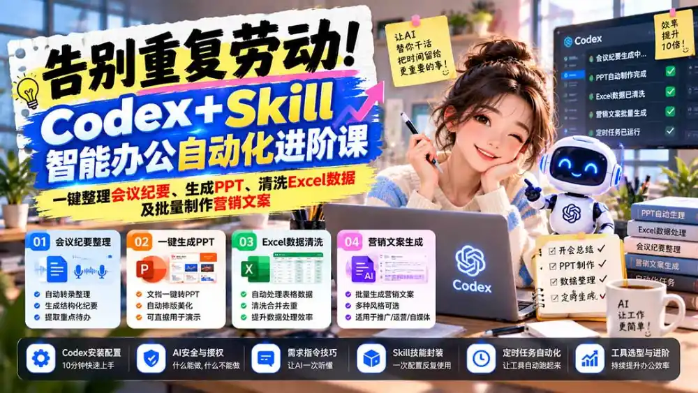 告别重复劳动！Codex+Skill智能办公自动化进阶课：一键整理会议纪要、生成PPT、清洗Excel数据及批量制作营销文案