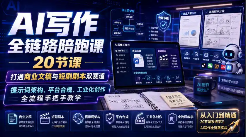 AI写作全链路陪跑课｜20节课打通商业文稿与短剧剧本双赛道，提示词架构、平台合规、工业化创作全流程手把手教学-百盟网