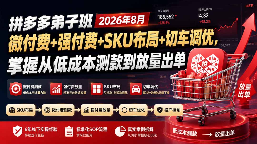 拼多多弟子班2026年8月：微付费+强付费+SKU布局+切车调优，掌握从低成本测款到放量出单-百盟网