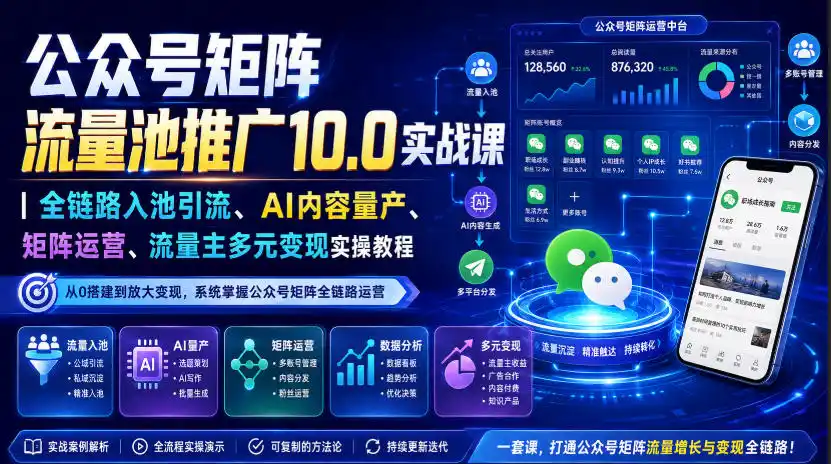 公众号矩阵流量池推广10.0实战课｜全链路入池引流、AI内容量产、矩阵运营、流量主多元变现实操教程-百盟网