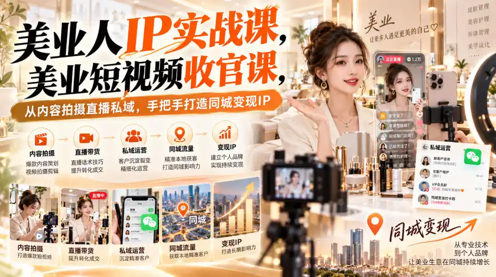 【无水印】美业人IP实战课，美业短视频收官课，从内容拍摄直播私域，手把手打造同城变现IP-百盟网