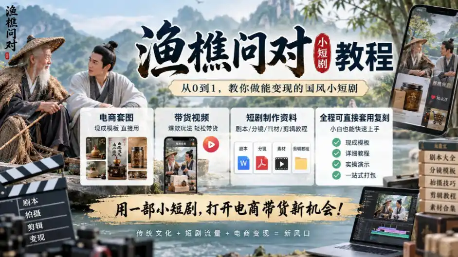 渔樵问对小短剧教程,包含电商套图、带货视频,短剧制作资料,全程可直接套用复刻-百盟网