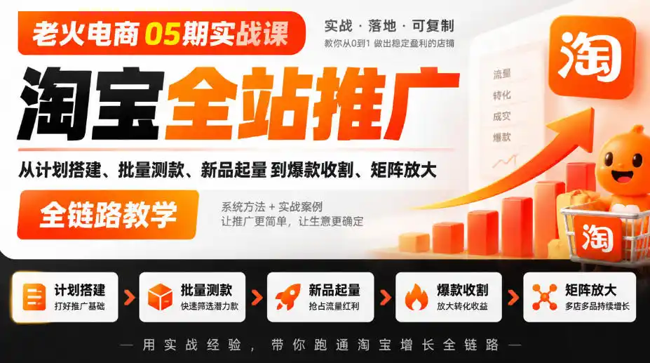 老火电商05期实战课｜淘宝全站推广从计划搭建、批量测款、新品起量到爆款收割、矩阵放大全链路教学-百盟网