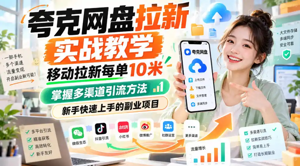 夸克网盘拉新实战教学，移动拉新每单10米，掌握多渠道引流方法，新手快速上手的副业项目(更新0929)-百盟网