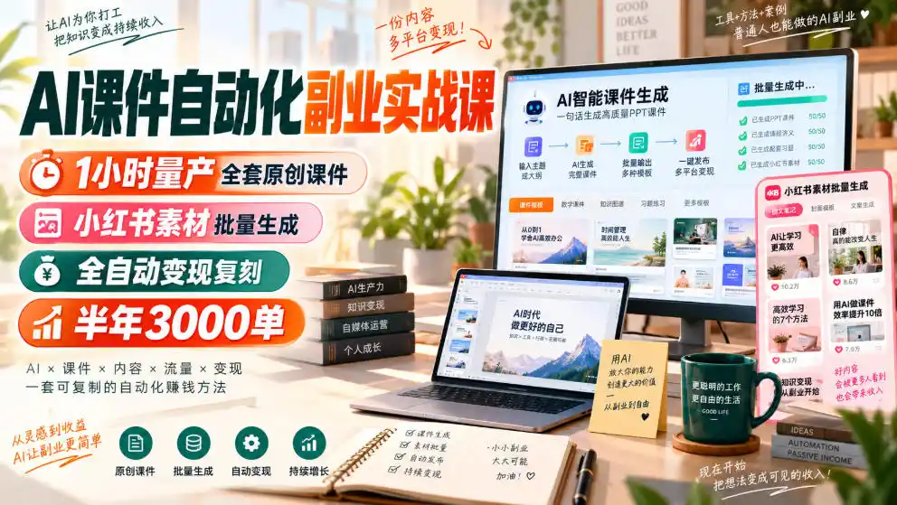 AI课件自动化副业实战课，1小时量产全套原创课件，小红书素材批量生成，全自动变现复刻，半年3000单-百盟网