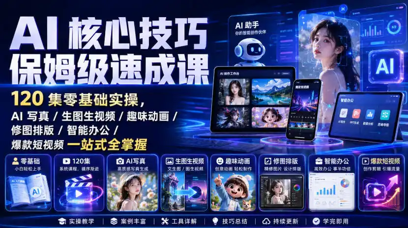 AI核心技巧保姆级速成课｜120集零基础实操，AI写真/生图生视频/趣味动画/修图排版/智能办公/爆款短视频一站式全掌握-百盟网