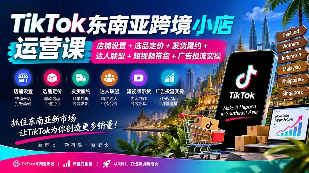TikTok东南亚跨境小店运营课：店铺设置+选品定价+发货履约+达人联盟+短视频带货+广告投流实操-百盟网