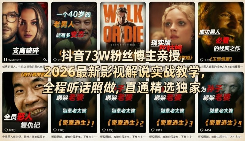 抖音73W粉丝博主亲授，2026最新影视解说实战教学，全程听话照做，直通精选独家-百盟网