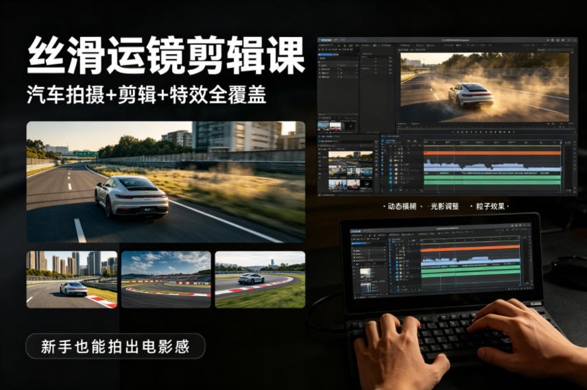 大叔丝滑运镜剪辑课，汽车拍摄+剪辑+特效全覆盖，新手也能拍出电影感-百盟网